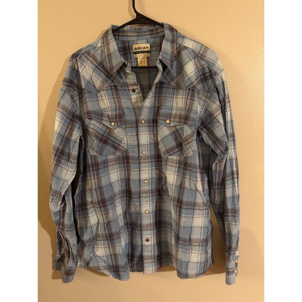 Ariat Retro Fitted Mens XL Blue Plaid Western Long Sleeve Pearl Snap Shirt